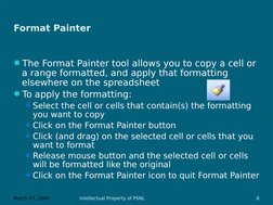 March 27, 2006
Intellectual Property of PSNL
8
Format Painter
The Format Painter tool allows you to copy a cell or 
a range