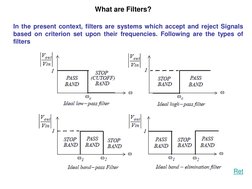 What are Filters?
In the present context, filters are systems which accept and reject Signals
based on criterion set upon the