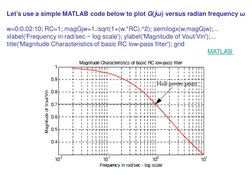 Let’s use a simple MATLAB code below to plot G(jω) versus radian frequency ω
w=0:0.02:10; RC=1; magGjw=1./sqrt(1+(w.*RC).^2);