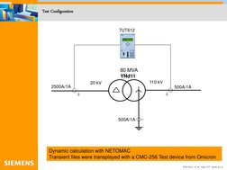 PTD PA13  N. M  Tests 7UT  05/03 No. 6 
Test Configuration 
7UT612 
20 kV 
110 kV 
2500A/1A 
500A/1A 
500A/1A 
Dynamic calcul