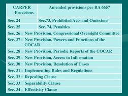 CARPER 
Provisions 
Amended provisions per RA 6657 
Sec. 24 
Sec.73, Prohibited Acts and Omissions 
Sec. 25 
Sec. 74, Penalti