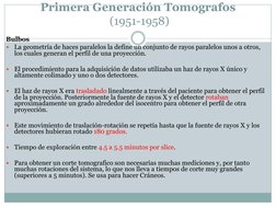 Primera Generación Tomografos 
 (1951-1958) 
 
 
Bulbos 
La geometría de haces paralelos la define un conjunto de rayos para
