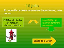 16 Julio
16 Julio
En este día ocurren momentos importantes, tales 
como:
El ALBA: el 15 a las 
24 horas, se 
disparan p
