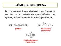 ISÓMEROS DE CADENA 
Los compuestos tienen distribuidos los átomos de 
carbonos de la molécula de forma diferente. Por 
ejempl