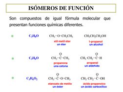 ISÓMEROS DE FUNCIÓN 
Son compuestos de igual fórmula molecular que 
presentan funciones químicas diferentes.  
* 
O CH2CH3