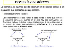 ISOMERÍA GEOMÉTRICA 
La isomería cis-trans se puede observar en moléculas cíclicas o en 
moléculas que presenten dobles enlac