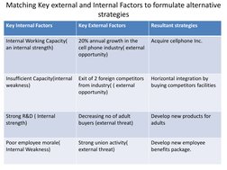 Matching Key external and Internal Factors to formulate alternative 
strategies 
Key Internal Factors  
Key External Factors