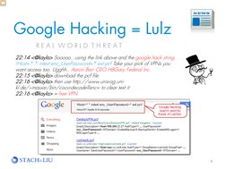 Google Hacking = Lulz 
9 
R E A L  W O R L D  T H R E A T 
22:14 <@kayla> Sooooo...using the link above and the google hack s