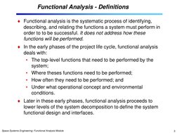 Space Systems Engineering: Functional Analysis Module 
3 
Functional Analysis - Definitions 
Functional analysis is the syst