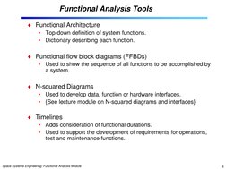 Space Systems Engineering: Functional Analysis Module 
6 
Functional Analysis Tools 
Functional Architecture 
•
Top-down def