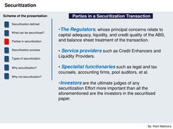 By: Rishi Malhotra 
Securitization 
•The Regulators, whose principal concerns relate to 
capital adequacy, liquidity, and cre