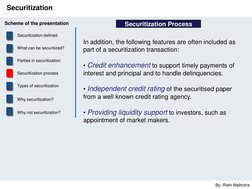 By: Rishi Malhotra 
Securitization 
In addition, the following features are often included as 
part of a securitization trans