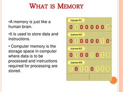 WHAT IS MEMORY 
 
•A memory is just like a 
human brain.  
•It is used to store data and 
instructions. 
• Computer memory is