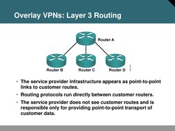 Overlay VPNs: Layer 3 Routing 
• The service provider infrastructure appears as point-to-point 
links to customer routes. 
•