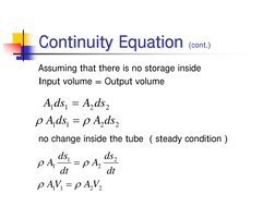 Assuming that there is no storage inside
Input volume = Output volume
2
2
1
1
ds
A
ds
A
=
2
2
1
1
 
 
ds
A
ds
A
ρ
ρ
=
no chan