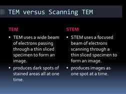 TEM versus Scanning TEM 
TEM 
STEM 
TEM uses a wide beam 
of electrons passing 
through a thin sliced 
specimen to form an