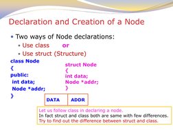 Declaration and Creation of a Node 
Two ways of Node declarations: 
Use class  
or 
Use struct (Structure) 
class Node 
{