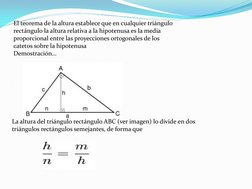 El teorema de la altura establece que en cualquier triángulo 
rectángulo la altura relativa a la hipotenusa es la media 
prop