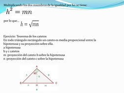 Multiplicando los dos miembros de la igualdad por hn se tiene: 
por lo que… 
Ejercicio: Teorema de los catetos 
En todo trián