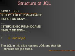 Structure of JCL 
//JOB 1   JOB … 
//STEP1  EXEC  PGM=CR420P 
//INPUT DD DSN=…. 
…. 
//STEP2 EXEC PGM=IDCAMS 
//INP