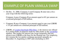 EXAMPLE OF PLAIN VANILLA SWAP 
•
On Dec. 31, 2006, Company A and Company B enter into a five-
year swap with the following te