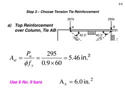 9.8 
Step 3 – Choose Tension Tie Reinforcement 
2
in.
 
46
.5
60
9.0
295




y
u
st
f
P
A

Use 6 No. 9 bars  
2
s
in.
 0
