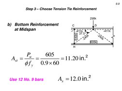 9.9 
Step 3 – Choose Tension Tie Reinforcement 
Use 12 No. 9 bars  
2
in.
 0.
12

s
A
b)
Bottom Reinforcement 
at Midspan 
2