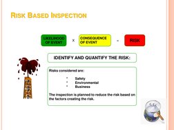 RISK BASED INSPECTION 
IDENTIFY AND QUANTIFY THE RISK: 
Risks considered are: 
* 
Safety 
* 
Environmental 
* 
Business 
The
