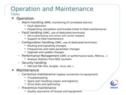 Operation and Maintenance
Tasks
G Operation
–
Alarm handling (NMS, monitoring of correlated alarms)
• Fault detection
• D