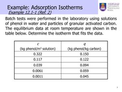 7 
 
Example: Adsorption Isotherms 
Batch tests were performed in the laboratory using solutions 
of phenol in water and part