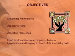 OBJECTIVES 
 
• Measuring Performance 
 
• Assessing Risks 
 
• Allocating Resources 
 
• Used for documenting a company's fi