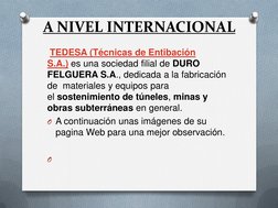 A NIVEL INTERNACIONAL 
 
 TEDESA (Técnicas de Entibación 
S.A.) es una sociedad filial de DURO 
FELGUERA S.A., dedicada a la