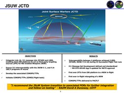 8 
OBJECTIVES 
 

Integrate Link-16, J11 message into JSTARS and LSRS, 
enabling Joint ISR platforms to act as third party t