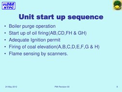 24 May 2012 
PMI Revision 00  
8 
Unit start up sequence 
• Boiler purge operation 
• Start up of oil firing(AB,CD,FH & GH)