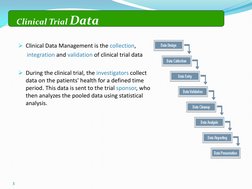 3 
 
Clinical Data Management is the collection,  
      integration and validation of clinical trial data 
 
During the cl