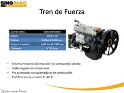 Tren de Fuerza
MOTOR DIESEL
WEICHAI POWER
Modelo
WD 615.46
Potencia
360 hp @ 2,200 rpm
Torque a la volante
1,460 Nm @ 1,500 r