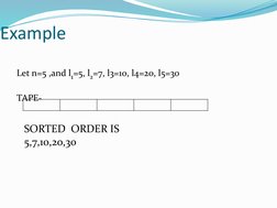 Example
Let n=5 ,and l1=5, l2=7, l3=10, l4=20, l5=30
TAPE-
SORTED  ORDER IS
5,7,10,20,30
