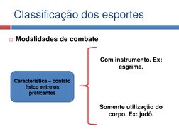 Classificação dos esportes 
Modalidades de combate Característica – contato físico entre os praticantes 
Característica – co