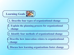 Learning Goals
1. Describe four types of organizational change
2. Explain the planning process for organizational
change
3. I