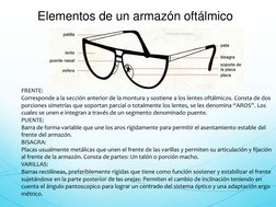 Elementos de un armazón oftálmico 
 
 
FRENTE: 
Corresponde a la sección anterior de la montura y sostiene a los lentes oftál