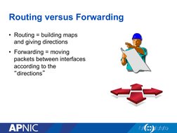 Routing versus Forwarding 
•  Routing = building maps 
and giving directions 
•  Forwarding = moving 
packets between interfa