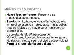 METODOLOGÍA DIAGNÓSTICA. 
Heces fecales frescas: Presencia de 
trofozooitos hematófagos. 
Serología:  La hemoaglutinación i