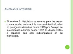 AMEBIASIS INTESTINAL. 
 
 
El termino E. histolytica se reserva para las cepas 
con capacidad de invadir la mucosa intestina