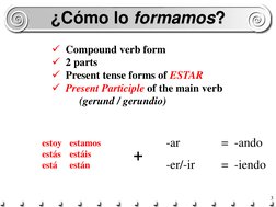 3 ¿Cómo lo formamos? 
¿Cómo lo formamos? 
-ar    
=  -ando 
-er/-ir   
=  -iendo 
  Compound verb form 
  2 parts 
  Prese