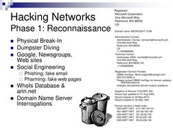 Hacking Networks 
Phase 1: Reconnaissance 
Physical Break-In 
Dumpster Diving 
Google, Newsgroups, 
Web sites 
Social Eng