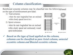Based on the type of load applied on the column, 
columns can be classified as pure Axial column, uniaxial 
ec