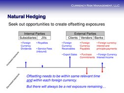 Currency Risk Management, LLC 
Seek out opportunities to create offsetting exposures 
Internal Parties 
Subsidiaries 
JVs 
•