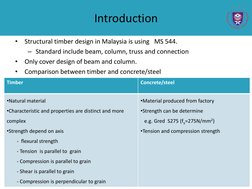 Introduction
•
Structural timber design in Malaysia is using   MS 544. 
– Standard include beam, column, truss and connection