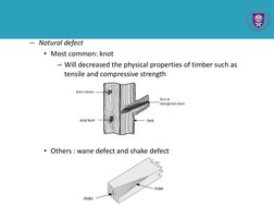 – Natural defect
• Most common: knot
– Will decreased the physical properties of timber such as 
tensile and compressive stre