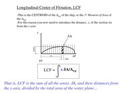 Longitudinal Center of Flotation, LCF 
 
-This is the CENTROID of the Awp of the ship, or the 1st Moment of Area of 
the Awp.